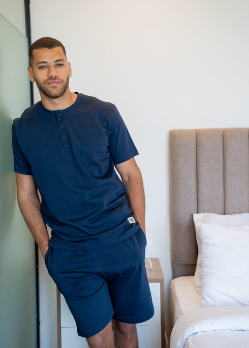 Men summer pajama set Dark Blue Buttoned Tee + Dark Blue Short